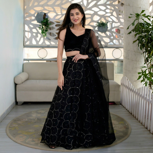 Black <b>Sequin</b> Geometric Pattern V-neck Sleeveless Lehenga Choli Set Modern Embroidered Women Outfit Wedding Party Dress - Product Image 1