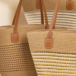 Luxury Women's Summer <strong>Beach</strong> Rattan Shoulder <strong>Bag</strong> Woven <strong>Straw</strong> Striped Zipper Tote <strong>Bag</strong> Large Capacity Woven <strong>Bag</strong> - Product Image 5