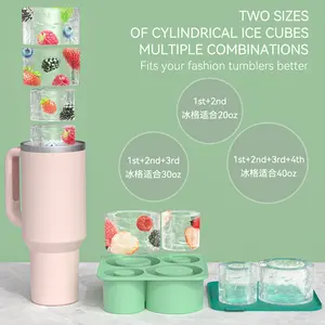 Nuevo fabricante de cubitos de hielo de silicona sin BPA con tapa para vaso de 20-40oz, 4 moldes de hielo de cilindro hueco y contenedor para congelador, bebida helada