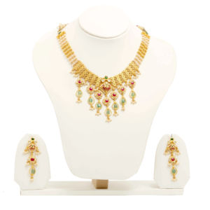 Gold Plated Kundan Necklace <b>Set</b> with Pearl Beads Red Green Stone Drops Traditional Indian <b>Bridal</b> Wedding <b>Jewelry</b> - Product Image 3