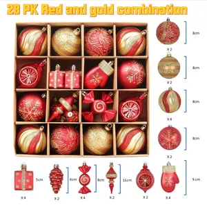 Noel 2024 yeni kırmızı ve altın kombinasyonu noel ağacı dekorasyon, paramparça geçirmez dekoratif noel topu seti 28 takım