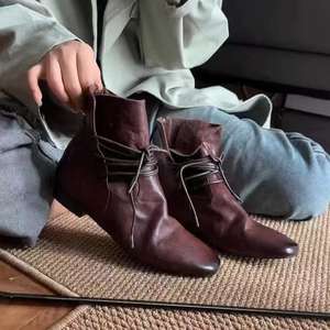 Botines Chelsea de Piel Vacuna con Cordones Estilo Retro Británico, Punta Redonda, Ajuste Delgado, Tacón Grueso, Versátiles para Uso Diario, para Mujer - Product Image 4