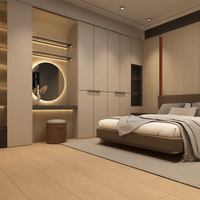 Panel de Pared de Madera de Roble Natural con Melamina, Decoración Integrada para Dormitorio Completo con Tira de Luz LED