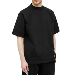 Black Blank Boxy Men Tshirts Custom Private Label Fit Mock Neck Short Sleeve T Shirt