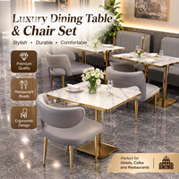 Ensemble de table à manger de luxe avec chaises, surface en pierre frittée, pieds en métal doré, chaises courbées rembourrées de gris pour café, restaurant