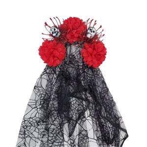 Diadema de tela hecha a mano con crisantemos de simulación de novia fantasma de Halloween para mujer, velo de calavera, pinza para el pelo, para fiesta de disfraces - Product Image 5