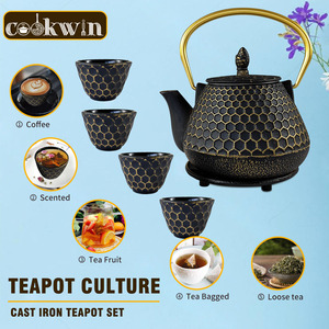 Set Teiera Retrò in Ghisa Nera <span class=keywords><strong>e</strong></span> Oro, Set Decorativo con Sottobicchiere <span class=keywords><strong>e</strong></span> <span class=keywords><strong>Tazze</strong></span> da Tè <span class=keywords><strong>per</strong></span> Casa, Cucina <span class=keywords><strong>e</strong></span> Sala da Tè - Product Image 4