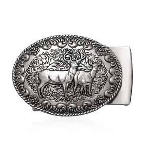 Boucle de ceinture ovale gaufrée avec deux cerfs, motif floral vintage argenté, pour hommes, chasse, faune, extérieur, ceinture en cuir - Product Image 1