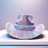 Chapeaux de fête pour femmes, style cowboy, à imprimé serpent irisé violet, ornés de paillettes et de clous, pour le Pride, les raves, les enterrements de vie de jeune fille et les festivals de musique, vente en gros