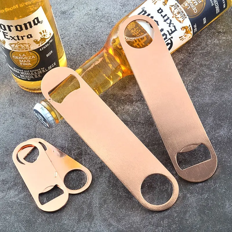 Abridor de acero inoxidable con logotipo personalizado, abridor de botellas de cerveza plano en blanco, dorado, rosa y negro