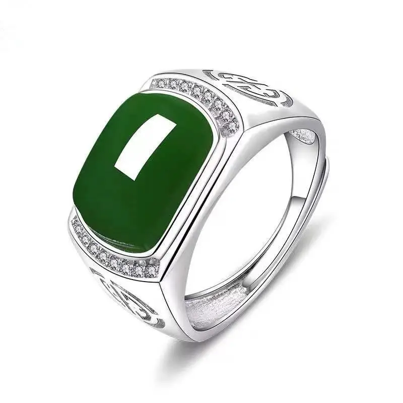 แหวนหยกทรงสี่เหลี่ยมแนวย้อนยุคสำหรับผู้ชาย,แหวนมรกตแหวนหินสีเขียวแหวนโอปอลปรับได้