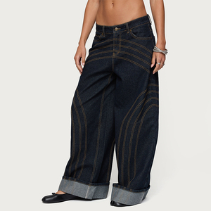 <span class=keywords><strong>Jeans</strong></span> Anchos <span class=keywords><strong>para</strong></span> Mujer, Estilo Vintage, Color Índigo, con Costuras en Contraste, <span class=keywords><strong>para</strong></span> Uso Diario, MOQ Bajo, 2026 - Product Image 1