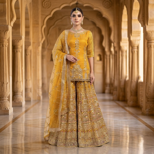 Salwar Kameez de Seda Amarillo Bordado, Vestido de Novia Tradicional para Mujer, Largo hasta el Suelo, Listo para Usar, Estilo India Pakistán - Product Image 6