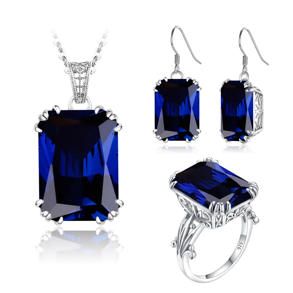 Zaffiro di pietra blu zircone di cristallo in argento Sterling set di gioielli per donne retrò corona anello ciondolo orecchino per festa di fidanzamento