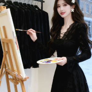 V Neck Lace Trim Long Sleeve Dress Women Autumn Winter Slim A Line <b>Skirt</b> Sheer Layer Daily Wear - Product Image 3