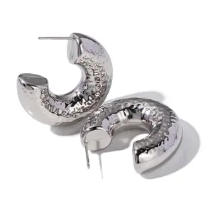 Wholesale Fashion Stainless Steel Chunky Hammered Hoop Cc Shape Stud Earring Jewelry For Girls Women