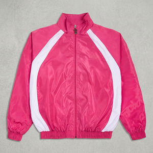 Veste de survêtement sportive légère en polyester pour femme, rose et blanc, à blocs de couleur, manches longues, col montant, fermeture éclair, idéale pour le printemps - Product Image 4