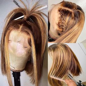 100% cabello humano crudo modelo P4/27 # estilo Bob recto pelucas delanteras de encaje de color piano dorado con encaje HD transparente de 12 pulgadas 13X4 - Product Image 3
