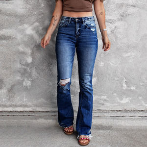 Nouveautés transfrontalières automne/hiver, pantalon flare tendance à taille haute, extensible, à bords effilochés, délavé, <span class=keywords><strong>jean</strong></span> long pour femmes - Product Image 6