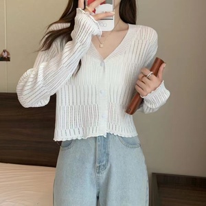 <span class=keywords><strong>Cardigan</strong></span> court de style coréen pour femmes, pulls à manches longues, col en V, bord d'oreille en bois, veste tricotée fine - Product Image 4