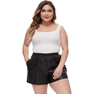 Fahsyee Plus Size Noir Polyester Shorts Faux Élastique Taille Haute PU Pleather Casual Shorts avec Poches Tailles 0X-4X - Product Image 4
