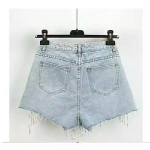 Shorts en jean taille haute sexy pour femme, coupe slim crayon, avec strass et franges, effet usé, écologique, couleur unie, coupe classique, décontracté - Product Image 2