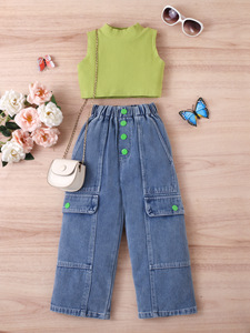 2025 Trẻ Em Giản Dị Của Quần Áo Thiết Lập Mùa Hè Cô Gái Quần Áo Bộ Trẻ Em Rắn Màu Đan Không Tay Top Và Quần Jean Quần 2 Mảnh Thiết Lập - Product Image 3