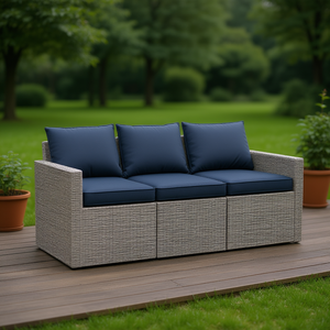 Canapé de patio 3 places en polyrotin gris avec coussins, canapé de jardin extérieur, design contemporain imperméable - Product Image 2