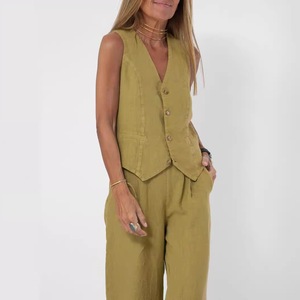 Conjunto de <span class=keywords><strong>chaleco</strong></span> de <span class=keywords><strong>lino</strong></span> y pantalones de pierna ancha para <span class=keywords><strong>mujer</strong></span>-Traje de viaje retro informal con múltiples colores - Product Image 4