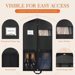 Housse de rangement imperméable pour costumes, noire, suspendue, pour plusieurs vêtements, sac de voyage pour vêtements avec poches - Product Image 4