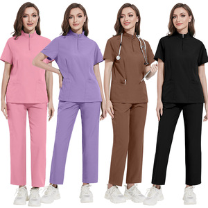 Conjuntos de Uniformes Médicos de Manga Corta con Cuello Alto y Cremallera, Overoles Unisex de Tela para Hospital, Blusa y Pantalones con Múltiples Bolsillos - Product Image 6