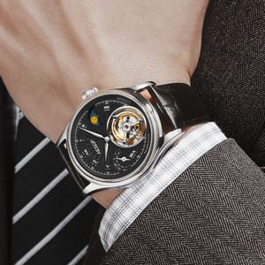 Livraison directe pour montre unisexe multifonctionnelle, tourbillon, phase de lune, mécanique, luxe, acier inoxydable, bracelet en cuir, saphir - Product Image 4