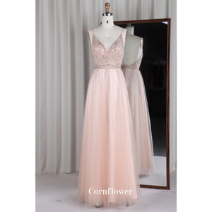 Robe de soirée moderne et élégante en tulle, jupe droite champagne, col en V profond, bretelles spaghetti, longueur au sol, perle, <span class=keywords><strong>gaine</strong></span> en pierre chaude - Product Image 1