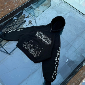 Sudadera con Capucha Negra para Hombre con Pedrería, Estilo Urbano Oversize, Estampado de Letras, Tejido de Algodón, Estilo Otoñal - Product Image 6