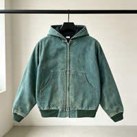 Blouson Bomber Homme Personnalisé en Toile de Coton, Doublé, Coupe Oversize, Grammage Lourd, Vert Délavé Vintage, Effet Usé, à Capuche, Vente en Gros OEM