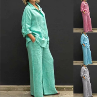 Ensemble chemise et pantalon pour femme, style vintage, uni, manches longues, boutonné, chemisier et pantalon droit ample, tenue décontractée