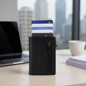 Portefeuille fin en cuir PU avec fermeture éclair, blocage RFID, porte-cartes de crédit pour hommes, design minimaliste tendance pour poche avant, personnalisable - Product Image 2