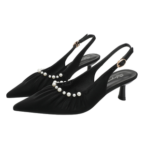 Sandalias de tacón alto con punta y talón fino para mujer Baotou, novedad de verano 2026, con adornos de perlas, punta abierta y talón descubierto - Product Image 1