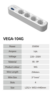 Enchufe de Mesa Industrial y de Oficina Serie VEGA de 16A, Enchufe Europeo, Cable de Cobre Resistente al Fuego PP - Product Image 5