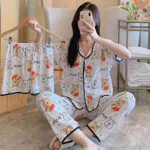 Bahar ve yaz kısa kollu uzun pantolon üç parçalı pijama kadın hırka süt ipek gevşek takım elbise - Product Image 2