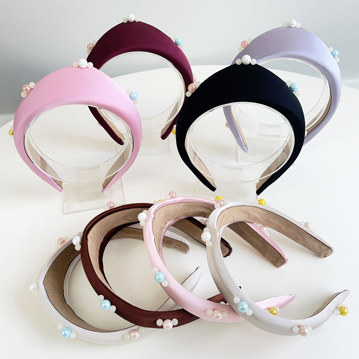 Tara Crown Shape Headband - Pearl Beaded Padded Satin Silk