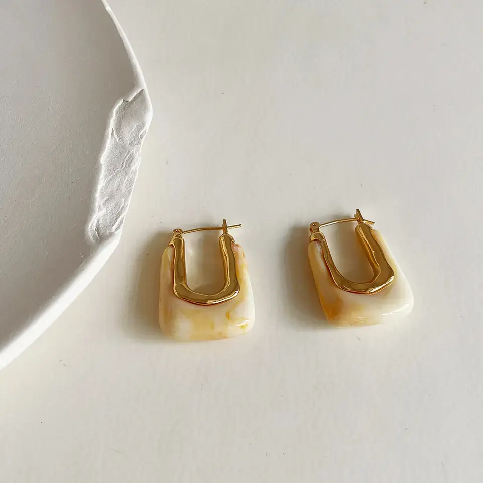 fashion fine jewelry 2023 new arrival resin earrings big hoop square vintage gold plated piercing jewelry earrings