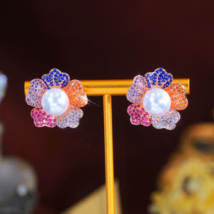 Orecchini a Perno Multicolore con Zirconi Cubici, Orecchini a Fiore con Perla per Donna, <span class=keywords><strong>Gioielli</strong></span> da Festa Placcati in Oro Rosa - Product Image 5