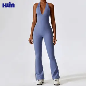 Wholesale OEM/ODM Compression Yoga Outfits Plus Size Bodysuits Fitting Bodycon Playsuits Flared Sweatpants Women Jumpsuits Woman