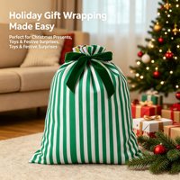 Sac à cordon brodé en gros, très grand, réutilisable, en toile rayée, pour cadeaux de Noël et protection anti-poussière