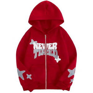 Red Full <b>Zip</b> <b>Hooded</b> Sweatshirt Men 100% Polyester Knitted Fleece Hoodie Casual Streetwear Silk Screen Printed Custom Graphic - Product Image 1