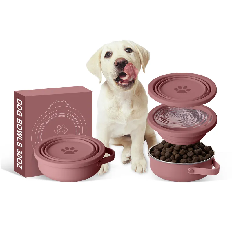 Custom Logo 2 in 1 Travel silicone pets feeder bowls Stainless Steel 30oz portable dog bowl for outdoor walking