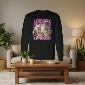 Camiseta de manga larga unisex con cuello redondo y estampado digital de meme de gato 'Lesbians Eat What', promocional para adultos - Product Image 3
