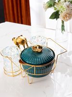 Chauffe-Plats de Luxe pour Buffet, Ensemble de Réchauds en Céramique Bleue en Forme de Citrouille avec Support Doré, Porte-Gobelets en Verre Cristal et Cuillères