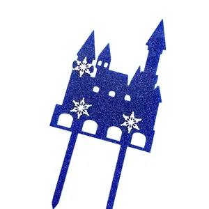 เค้ก toppers ออกแบบปราสาท Suppliers-อุปกรณ์แต่งหน้าเค้กอะคริลิคสีฟ้า Merry Christmas Party ตกแต่งปราสาทหิมะในฤดูหนาว